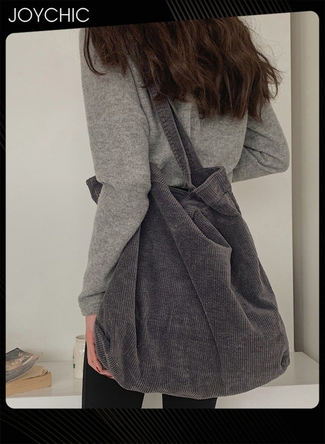 Joychic حقيبة تسوق نسائية كبيرة السعة بتصميم كوري متعددة الاستخدامات، حقيبة كتف بسيطة عتيقة من قماش الكوردuroy المغسول باللون الرمادي - Image 1