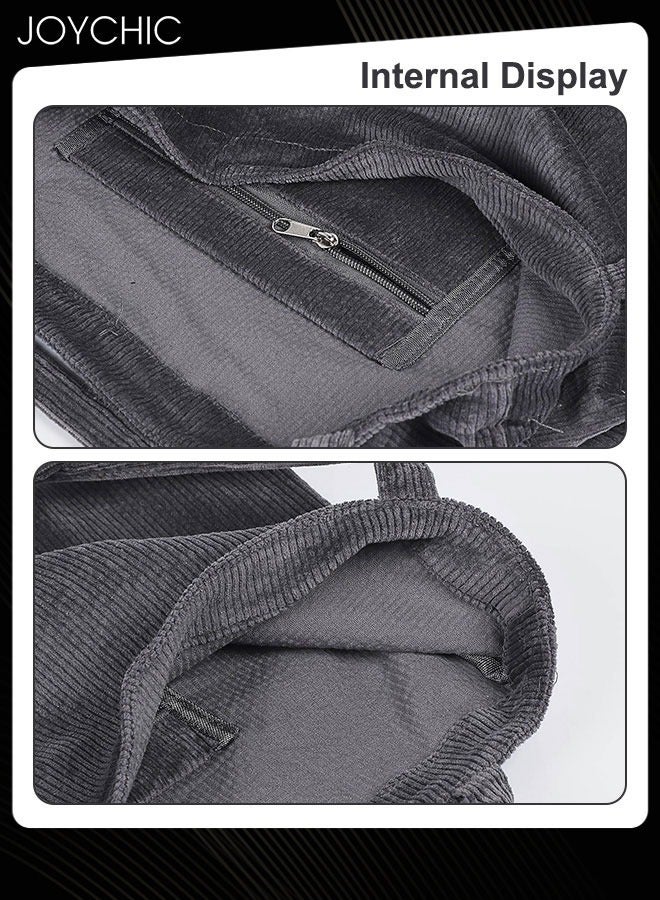Joychic حقيبة تسوق نسائية كبيرة السعة بتصميم كوري متعددة الاستخدامات، حقيبة كتف بسيطة عتيقة من قماش الكوردuroy المغسول باللون الرمادي - Image 3