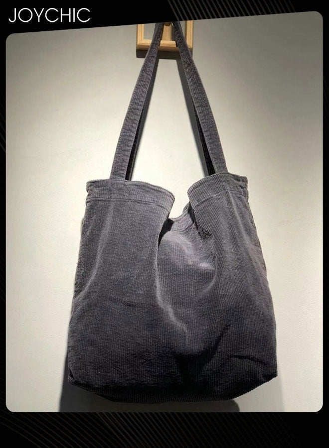 Joychic حقيبة تسوق نسائية كبيرة السعة بتصميم كوري متعددة الاستخدامات، حقيبة كتف بسيطة عتيقة من قماش الكوردuroy المغسول باللون الرمادي - Image 2