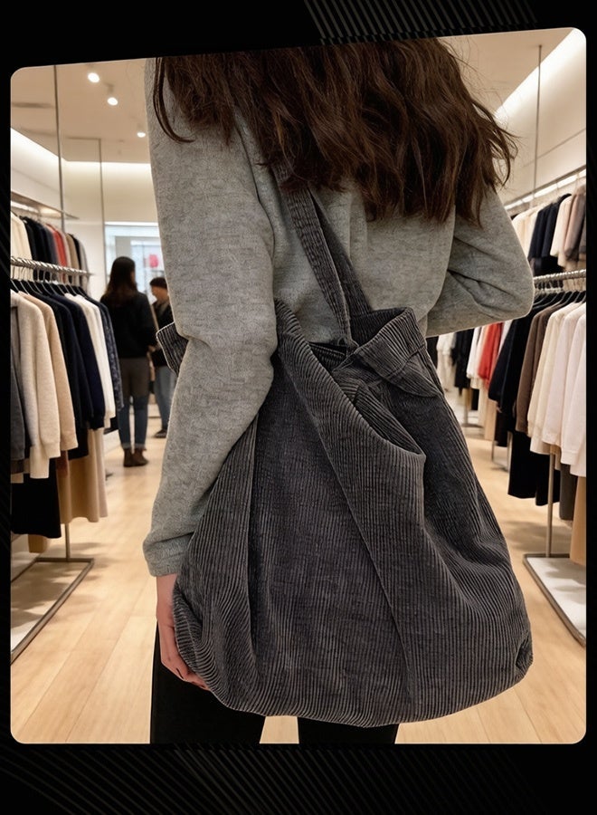 Joychic Korean Style Women Versatile Large Capacity Shopping Bag Casual Literary Washed Corduroy Simple Retro Ladies Shoulder Bag Grey - Image 2