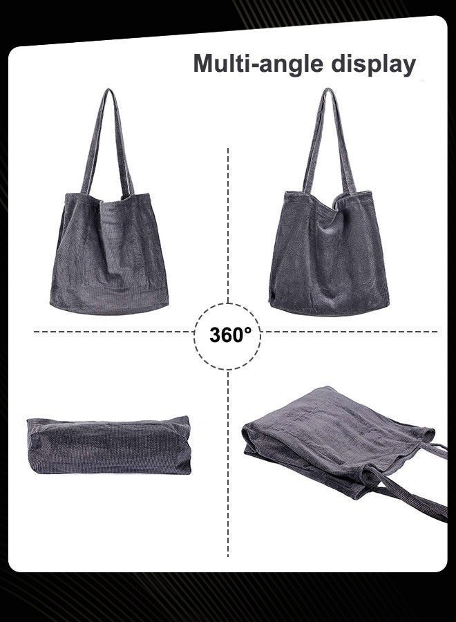 Joychic Korean Style Women Versatile Large Capacity Shopping Bag Casual Literary Washed Corduroy Simple Retro Ladies Shoulder Bag Grey - Image 5