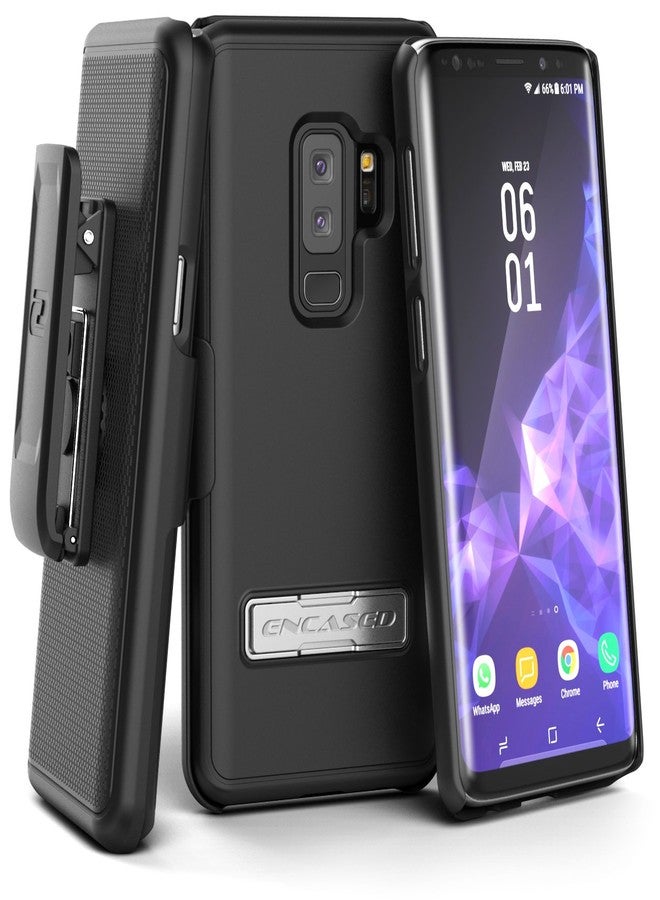 Encased Galaxy S9 Plus Belt Case with Kickstand and Holster Clip, Ultra Thin Slimline Combo Shell Cover with Durable Metal Stand for Samsung S9+ (Smooth Black) - Image 1