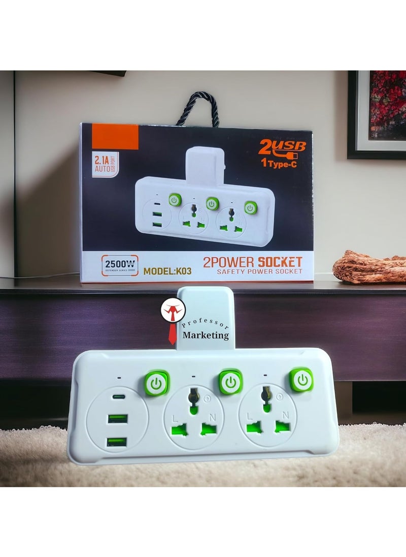 Generic Universal Multi-Socket Extension Socket with 3 AC Outlets, 2 USB-A Charging Ports, 1 Type-C, Child-Safe Design, and Independent Switches for Each Outlet - Ideal for Home, Office, and Travel  - Image 2
