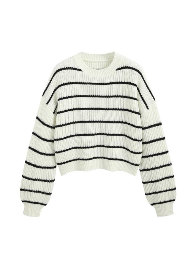 CIDER Women's Cropped Striped Sweater Long Sleeve Crew Neck Trendy Pullover Tops, White, XL - Image 1