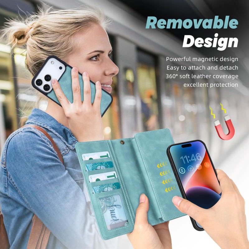 TwoHead Wallet Case Compatible with iPhone 17 Pro,Detachable,Magnetic,11 Cards Holder,PU Leather All-Round Protective Phone Case with Change Pocket(6.3 in,Blue) - Image 4