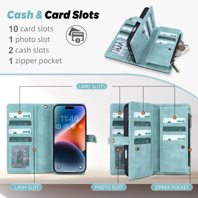 TwoHead Wallet Case Compatible with iPhone 17 Pro,Detachable,Magnetic,11 Cards Holder,PU Leather All-Round Protective Phone Case with Change Pocket(6.3 in,Blue) - Image 3