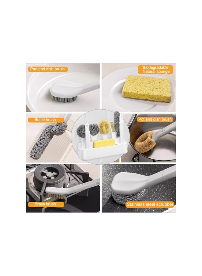 PROMASS 7 PCS Dish Scrub Brush Set with Holder, promass Kitchen Cleaning Brushes for Pots, Pans, Bowls, Plates, Bottles, Sinks, and Grills, Compact Storage, Replaceable Handle, Drainage Design - Image 2
