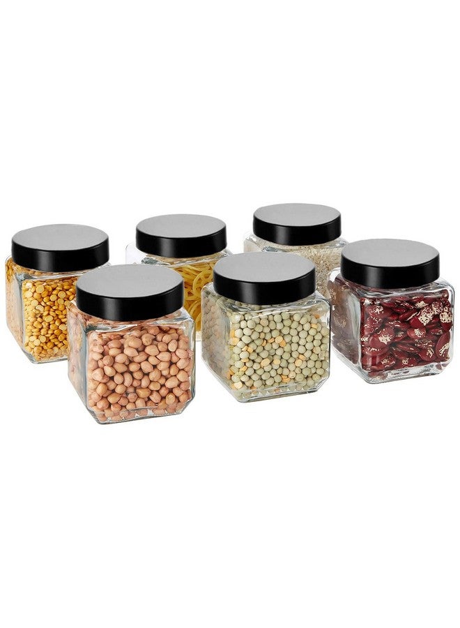 Brezzycloud Glass Cubical Square 600ml Transparent Glass Jars & Containers for Kitchen Pantry, Snacks, Masala, Pickles, Cookies, Dry Fruits Storage Glass Jar with Black Plastic Lid (600ml, Set Of 6) - Image 1