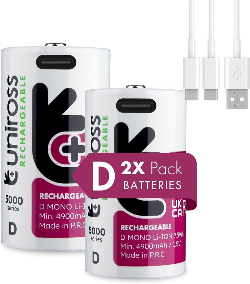 Uniross Lithium USB-C Rechargeable Batteries (D, Pack of 2) - Image 1