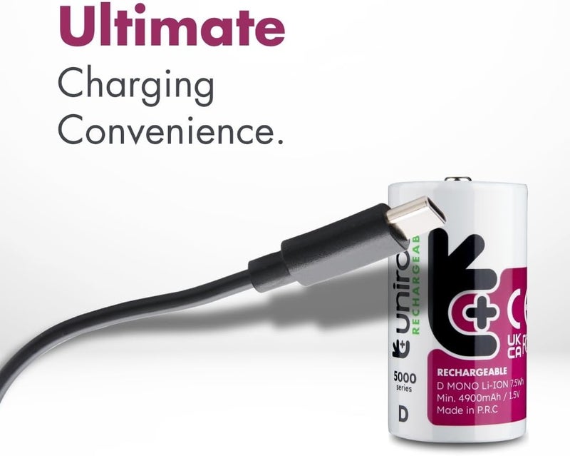 Uniross Lithium USB-C Rechargeable Batteries (D, Pack of 2) - Image 3
