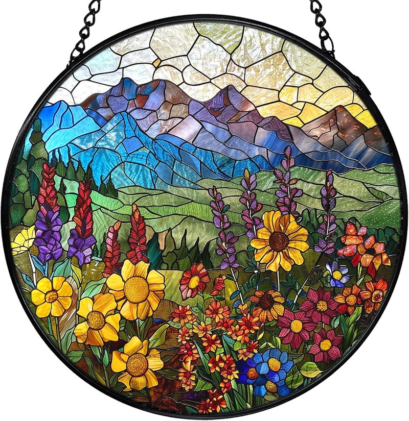 FUGWN Mountain Wildflowers Stained Glass Suncatcher, Cottagecore Wildflower Sun Catchers Indoor Window Round Glass Wall Art Decor, Floral Suncatcher Wall Hanging, Gardening & Lawn Care - Image 1