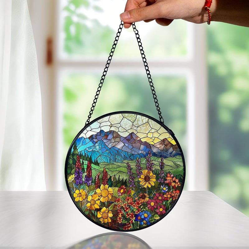 FUGWN Mountain Wildflowers Stained Glass Suncatcher, Cottagecore Wildflower Sun Catchers Indoor Window Round Glass Wall Art Decor, Floral Suncatcher Wall Hanging, Gardening & Lawn Care - Image 3