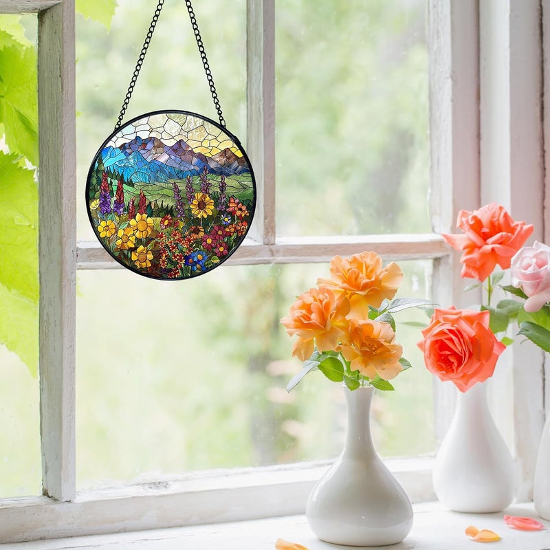 FUGWN Mountain Wildflowers Stained Glass Suncatcher, Cottagecore Wildflower Sun Catchers Indoor Window Round Glass Wall Art Decor, Floral Suncatcher Wall Hanging, Gardening & Lawn Care - Image 4