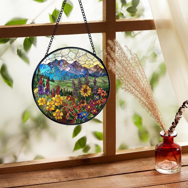 FUGWN Mountain Wildflowers Stained Glass Suncatcher, Cottagecore Wildflower Sun Catchers Indoor Window Round Glass Wall Art Decor, Floral Suncatcher Wall Hanging, Gardening & Lawn Care - Image 2