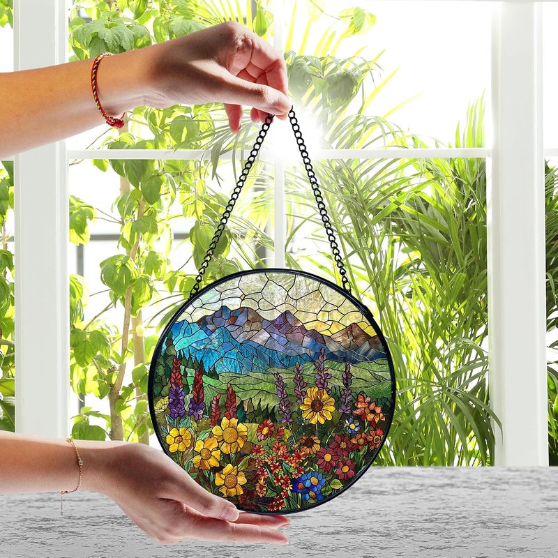 FUGWN Mountain Wildflowers Stained Glass Suncatcher, Cottagecore Wildflower Sun Catchers Indoor Window Round Glass Wall Art Decor, Floral Suncatcher Wall Hanging, Gardening & Lawn Care - Image 5