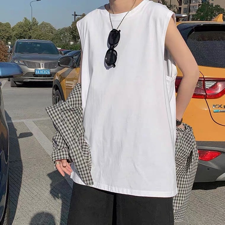 220G Japanese Heavy Seamless Pure Cotton Summer Basic Wide Shoulder Small Neckline Solid Color Loose Men'S And Women'S Vests T-Shirt - Image 3