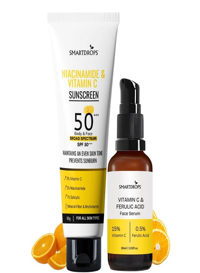 Smartdrops Daily Use Sunscreen SPF 50+++ (60g) + Vitamin C Serum (30ml) | Lightweight & Higher protection with Sunscreen SPF 50 | Vitamin C Serum for Oily Skin - Image 1