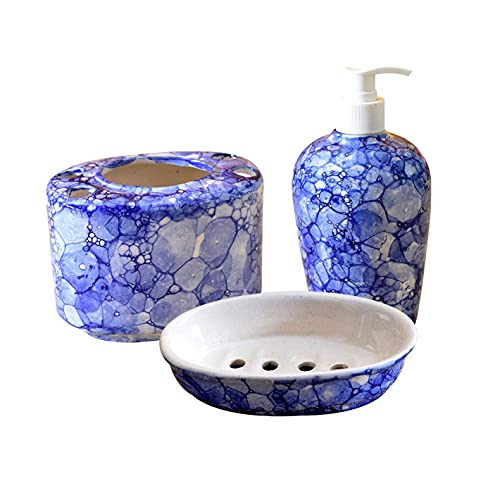 KunhaR Ceramic 3-Piece Bathroom Accessory Set, Blue-Luster (Liquid Soap Dispenser 450 ML, Soap Tray and Toothbrush Holder) - Image 1