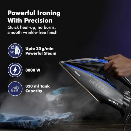 Havells Athena 3000 W Steam Iron with Smart i Sense Technology(No Fabric Burn), 2X Auto Shut Off, Vertical, Horizontal Ironing, Anti Drip, Self-Cleaning&Anti Scale Technology. (Black Blue), 3000 Watts - Image 4