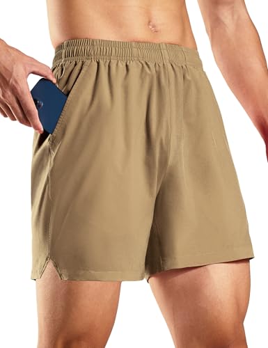 Haimont Mens Athletic Khaki Shorts 5 Inch Inseam, Elastic Waistband Quick Dry Running Short with Slits on Side, Khaki, M - Image 1