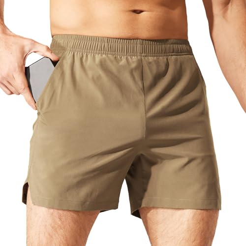 Haimont Mens Athletic Khaki Shorts 5 Inch Inseam, Elastic Waistband Quick Dry Running Short with Slits on Side, Khaki, M - Image 2