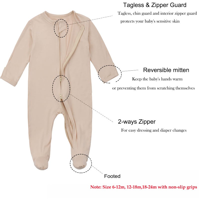 Aablexema Baby Pajamas Bamboo Rayon Zipper, 3pcs Unisex Infant Outfit with Mitten One Piece Footie Sleepwear(Beige & Pink & Purple,0-3m) - Image 3