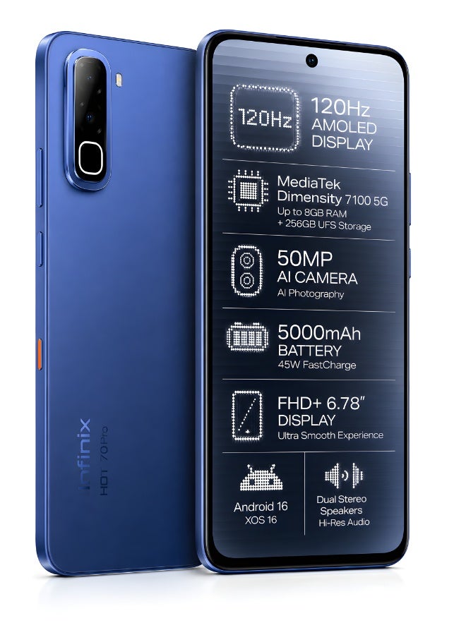 Infinix Hot 70 Pro 5G + Earbuds Smartphone | 6GB RAM | 256GB Storage | 144Hz AMOLED Display | 50MP Camera | 5600mAh Battery | Dive Blue | Dimensity 7100 5G - Image 2