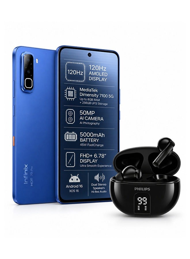 Infinix Hot 70 Pro 5G + Earbuds Smartphone | 6GB RAM | 256GB Storage | 144Hz AMOLED Display | 50MP Camera | 5600mAh Battery | Dive Blue | Dimensity 7100 5G - Image 1