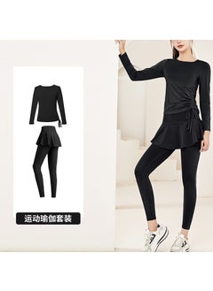 Womens Two-piece Illusion Yoga Skort Suit Long Sleeve Top For Running Fitness Training Lycra Fabric Sizes S-xl Black-two-piece suit