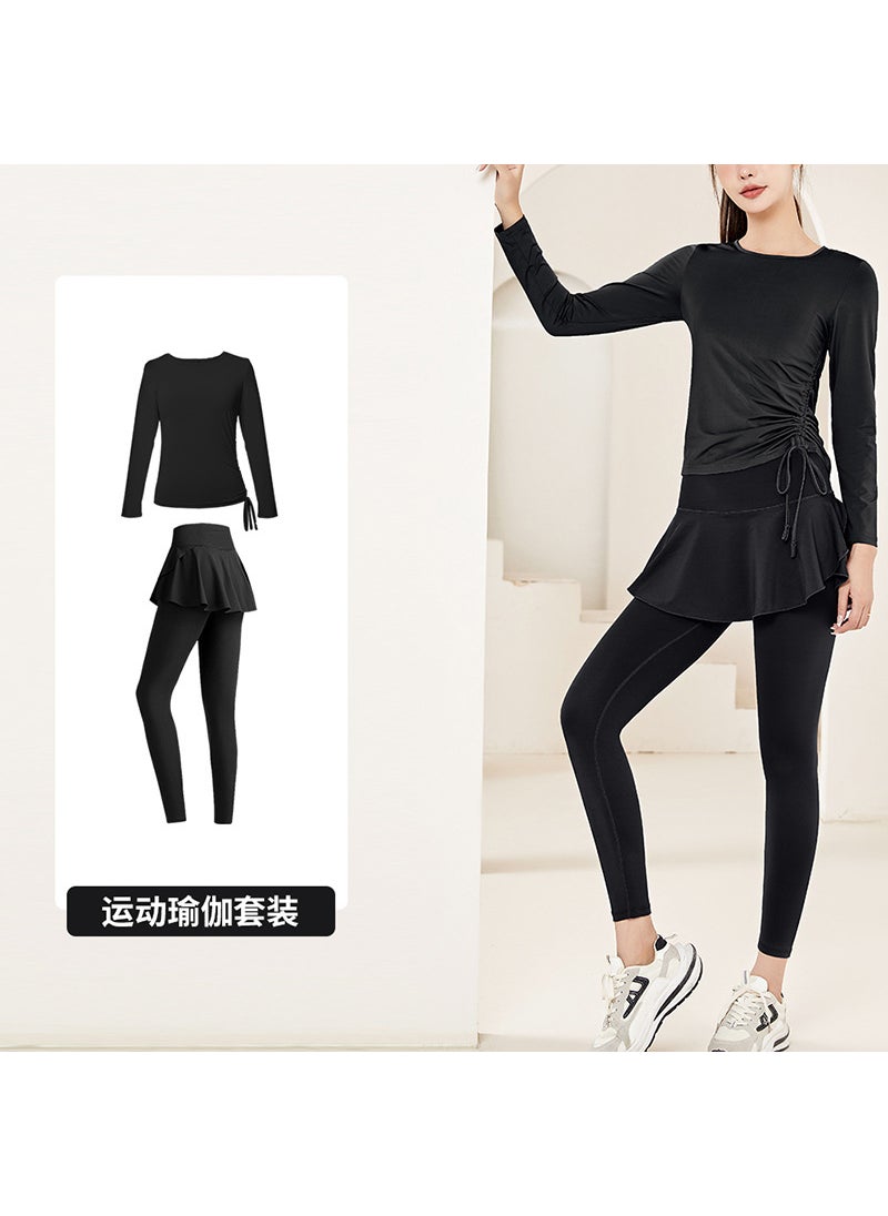 Generic - Womens Two-piece Illusion Yoga Skort Suit Long Sleeve Top For Running Fitness Training Lycra Fabric Sizes S-xl Black-two-piece suit - Image 1