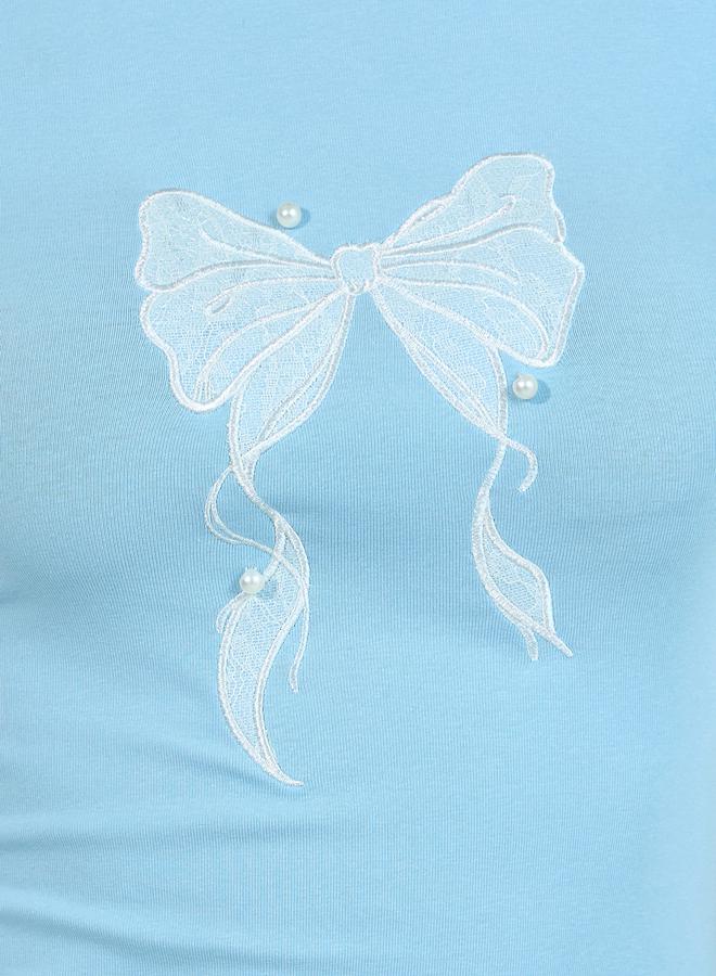 Styli Embroidered Bow Detail Slim Fit T-Shirt  - Image 3