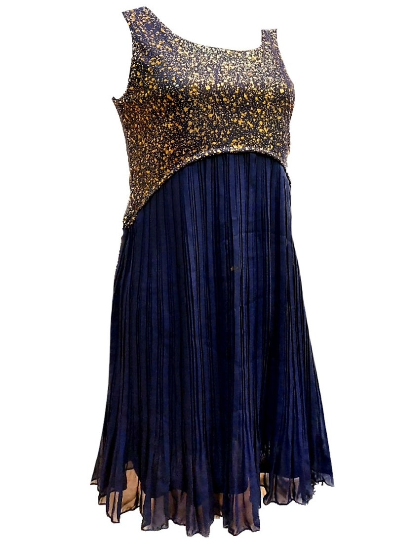 Women Party Pleated Dress Metallic Gold Above Knee Navy & Gold - Image 1