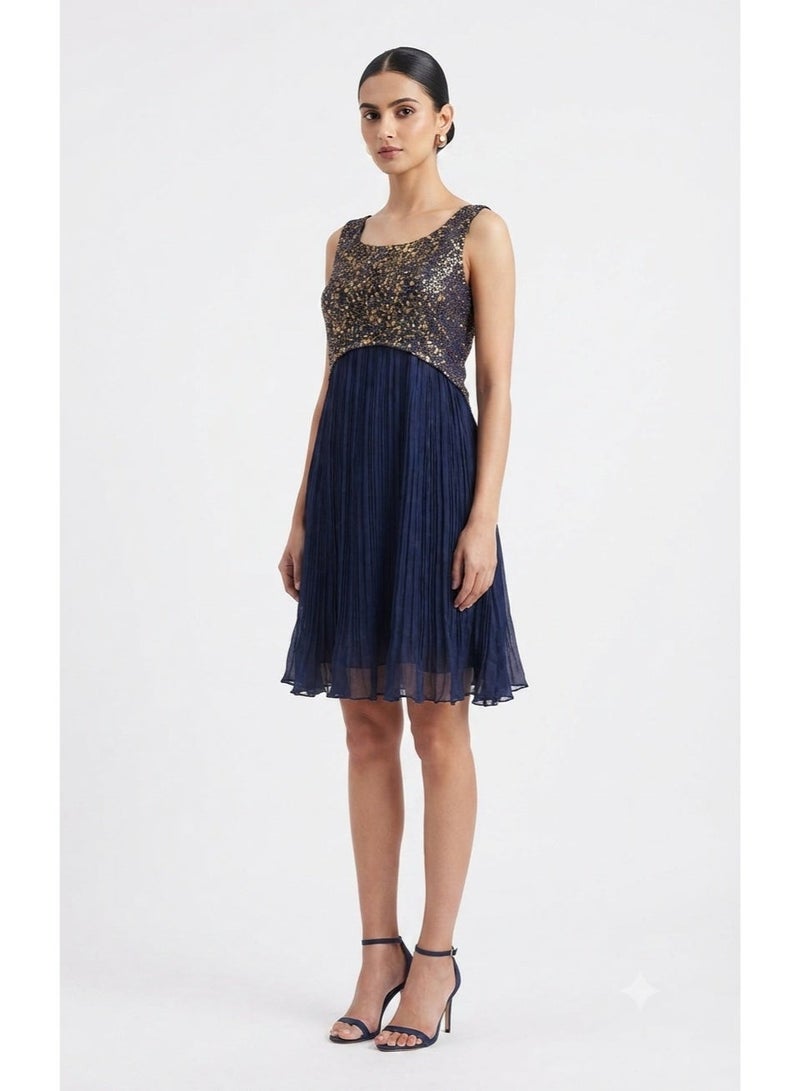 Women Party Pleated Dress Metallic Gold Above Knee Navy & Gold - Image 1