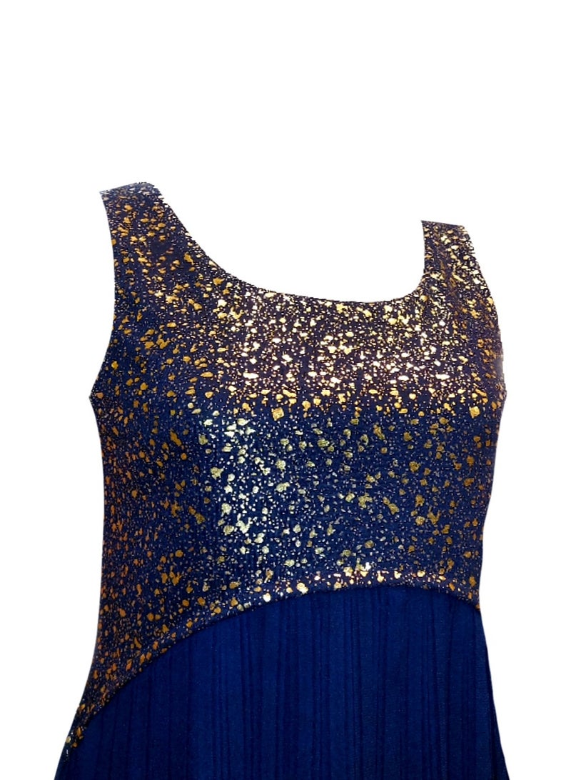 Women Party Pleated Dress Metallic Gold Above Knee Navy & Gold - Image 2