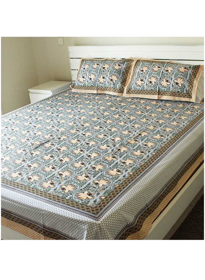 IndiaWeaves Bedsheet and 2 Pillow Covers - Light Yellow and Grey printed - Image 1