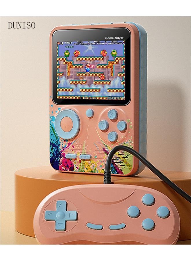 DUNISO وحدة تحكم ألعاب محمولة، شاشة ملونة عالية الدقة بحجم 3.0 بوصة، وحدة ألعاب محمولة، تحتوي على 500 لعبة كلاسيكية مدمجة، بطارية قابلة للشحن بسعة 1000 مللي أمبير، يمكن توصيلها بالتلفاز ووحدة التحكم، وردي - Image 1