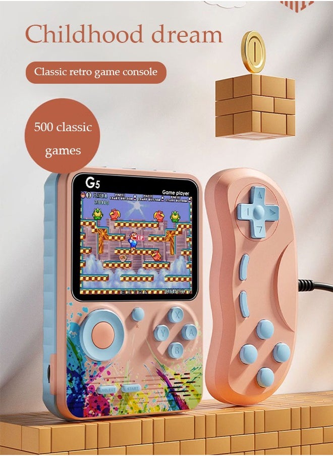 DUNISO - Handheld game console, 3.0 inch high definition color screen portable game console, built-in 500 classic games, 1000mAh rechargeable, can connect to TV and controller, pink - Image 1
