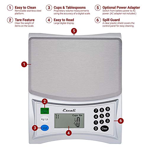 Escali Pana V136 Large Volume Measuring Kitchen/Baking/Cooking Scale, Preprogrammed With Over 150 Ingredients, LCD Digital Display, 13lb Capacity - Image 2