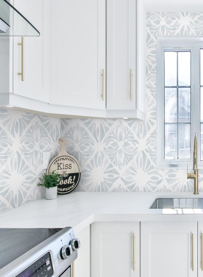 Fiula Geometric Peel and Stick Wallpaper Boho wallpaper78.7 "x17.3" White and Blue Wallpaper White Contact Paper Removable Wallpaper for Bedroom Waterproof Removable Shelf Liner Decal Vinyl Roll - Image 4