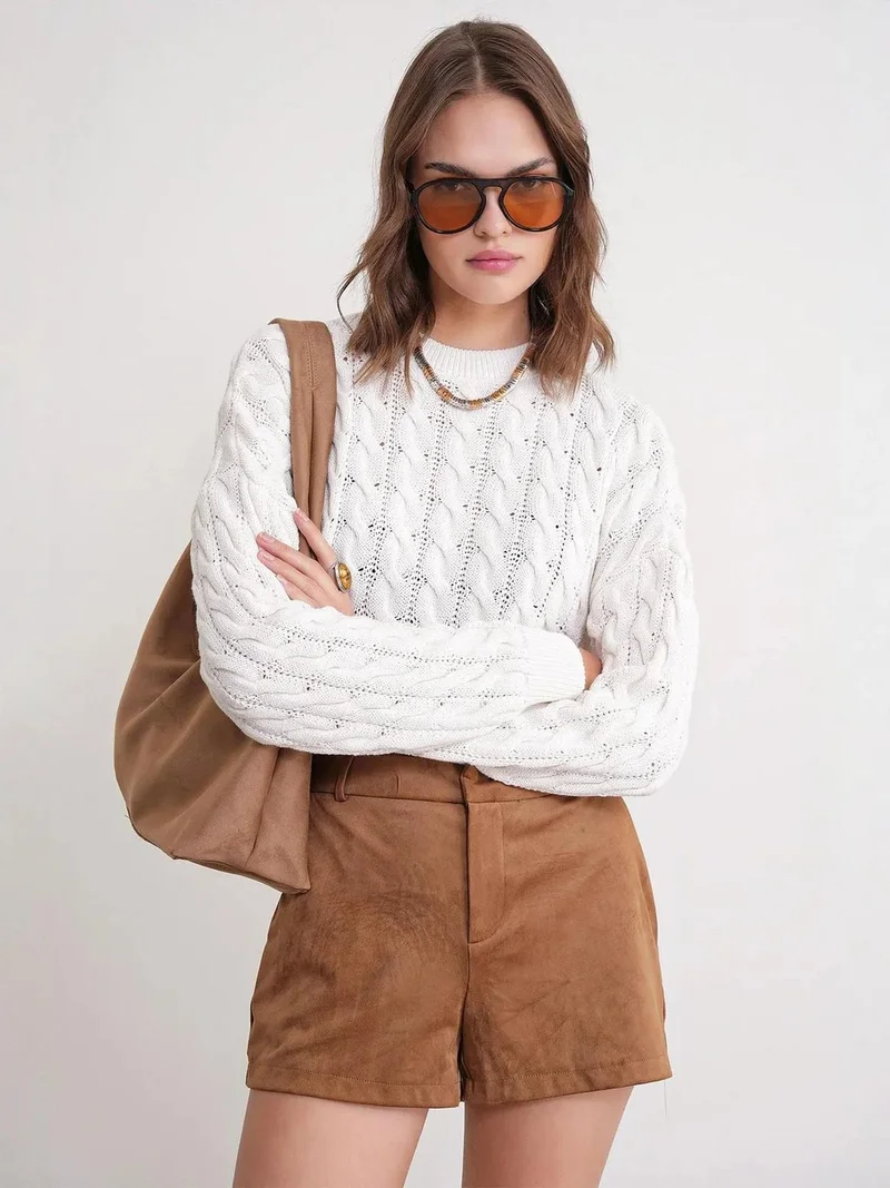 Mixray Cable Knit Pattern Crew Neck Sweater