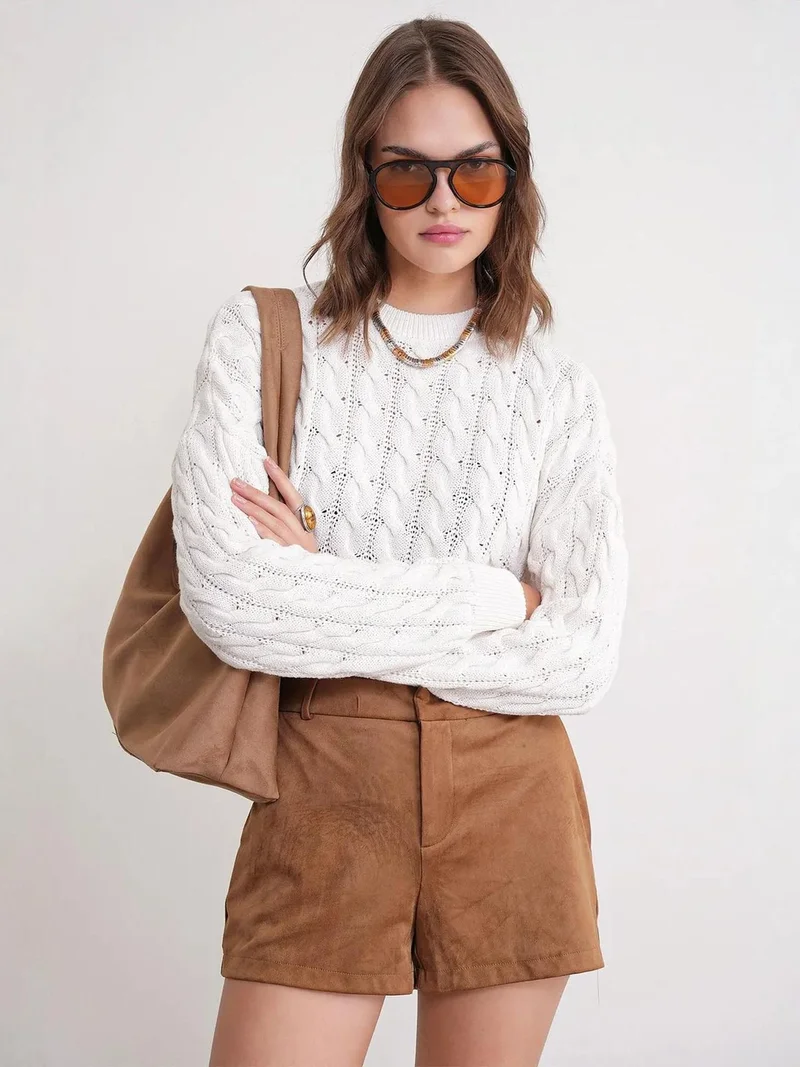 Mixray Ivory Natural Mixray Cable Knit Pattern Crew Neck Sweater for Women | Best Price UAE