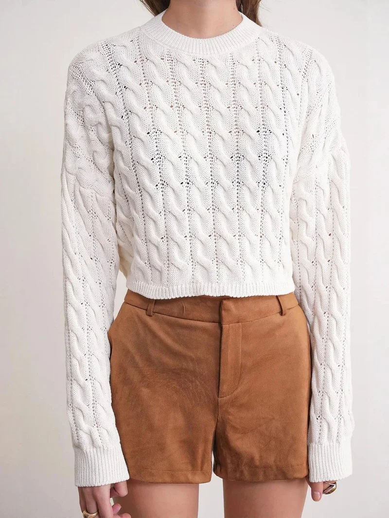 Mixray Ivory Natural Mixray Cable Knit Pattern Crew Neck Sweater for Women | Best Price UAE