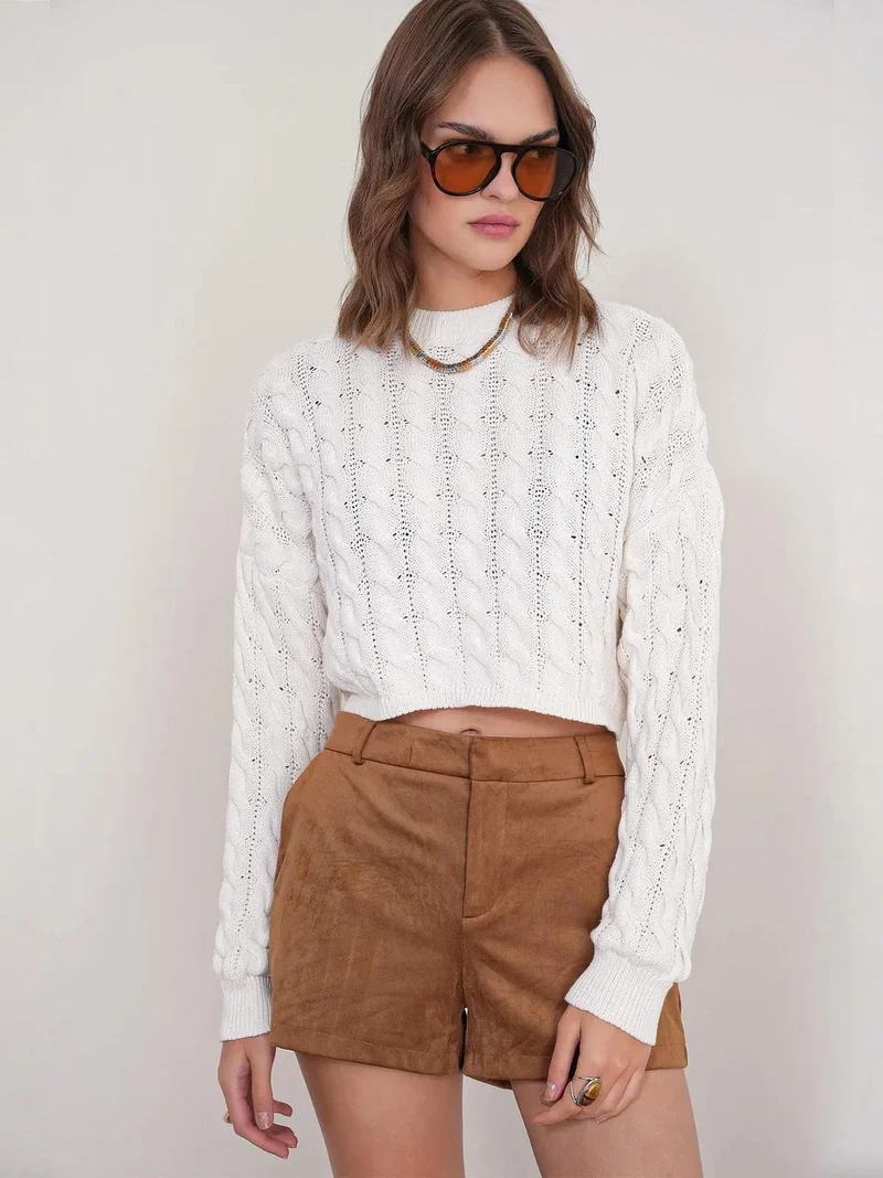 Mixray Ivory Natural Mixray Cable Knit Pattern Crew Neck Sweater for Women | Best Price UAE