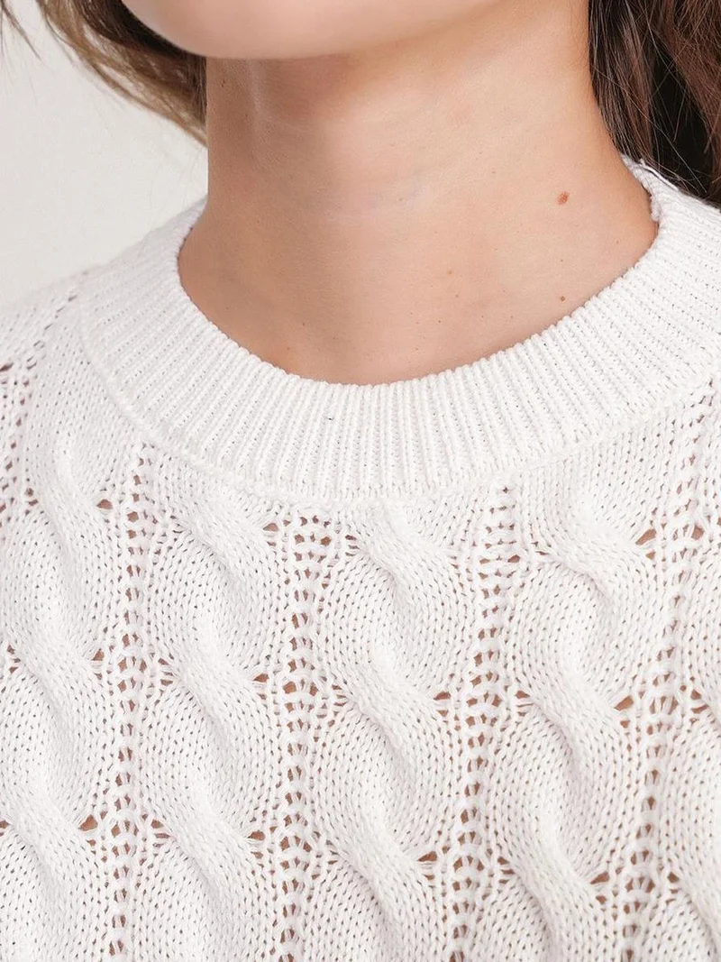 Mixray Ivory Natural Mixray Cable Knit Pattern Crew Neck Sweater for Women | Best Price UAE