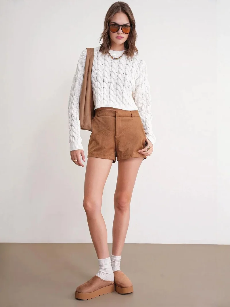 Mixray Ivory Natural Mixray Cable Knit Pattern Crew Neck Sweater for Women | Best Price UAE