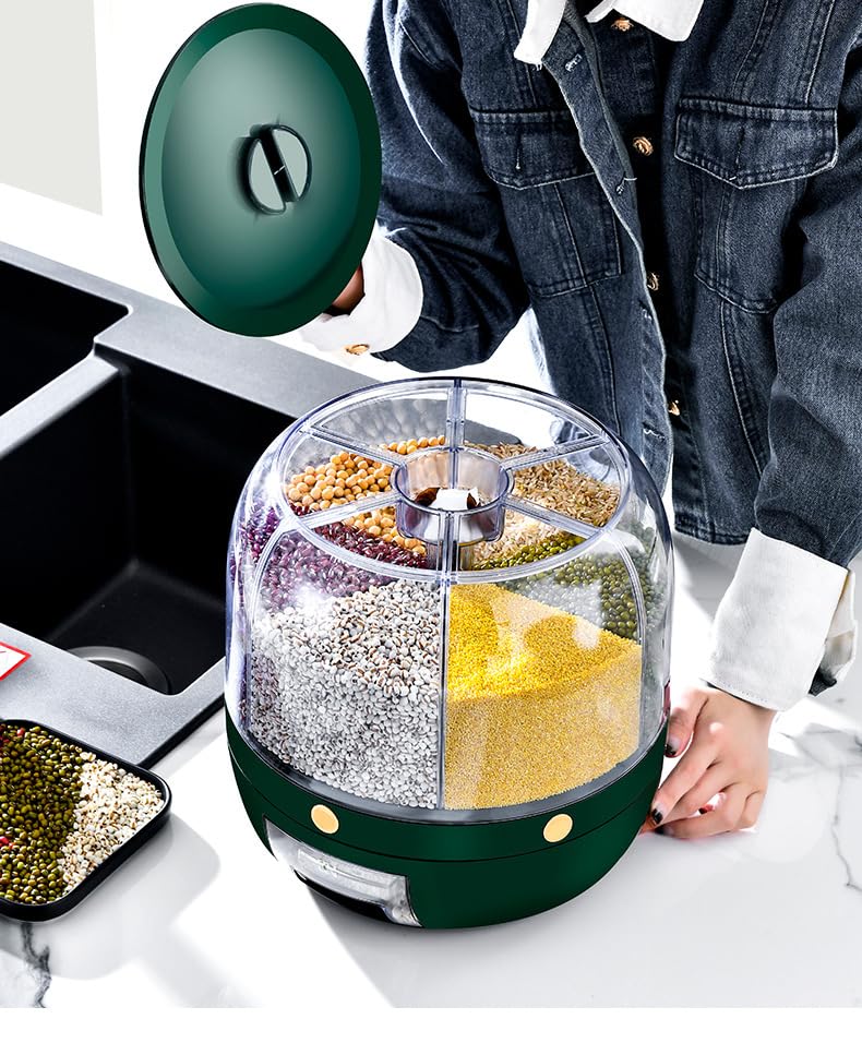 Delavala Large Grain Dispenser, Grain - Rice Storage Container Kitchen, 360° Rotating 6 Grid Cereal Dispenser, Dry Food Soybean Corn Sugar Flour Dog Cat Food spice Rack Dispenser Bucket (Green, 24 cm) - Image 3