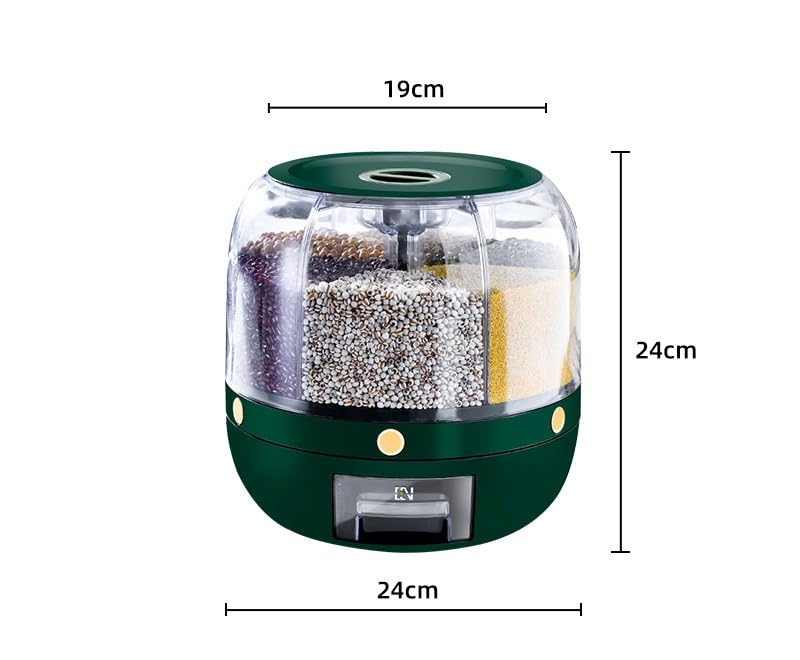 Delavala Large Grain Dispenser, Grain - Rice Storage Container Kitchen, 360° Rotating 6 Grid Cereal Dispenser, Dry Food Soybean Corn Sugar Flour Dog Cat Food spice Rack Dispenser Bucket (Green, 24 cm) - Image 2