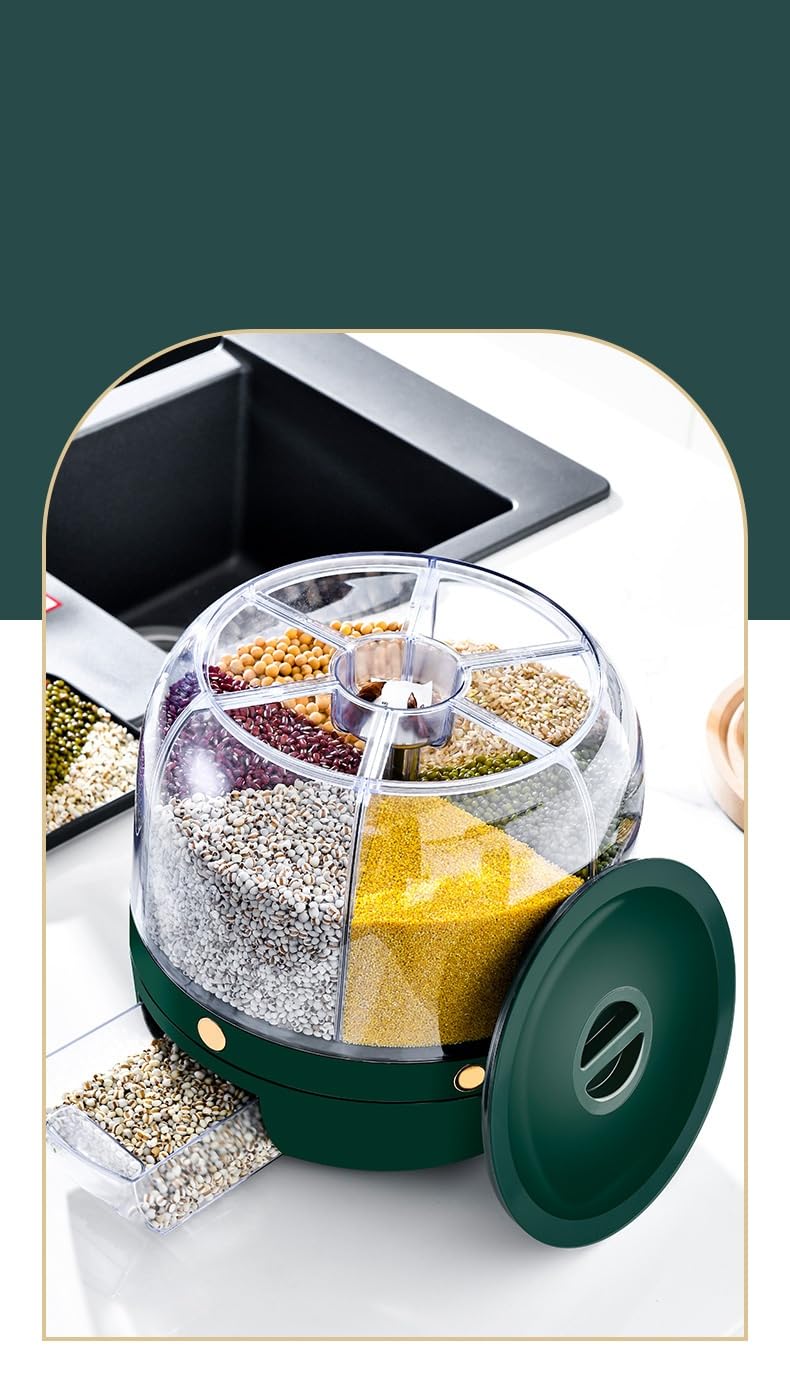 Delavala Large Grain Dispenser, Grain - Rice Storage Container Kitchen, 360° Rotating 6 Grid Cereal Dispenser, Dry Food Soybean Corn Sugar Flour Dog Cat Food spice Rack Dispenser Bucket (Green, 24 cm) - Image 4