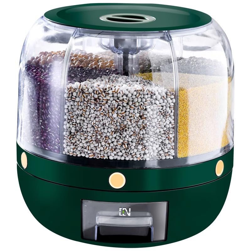 Delavala Large Grain Dispenser, Grain - Rice Storage Container Kitchen, 360° Rotating 6 Grid Cereal Dispenser, Dry Food Soybean Corn Sugar Flour Dog Cat Food spice Rack Dispenser Bucket (Green, 24 cm) - Image 5