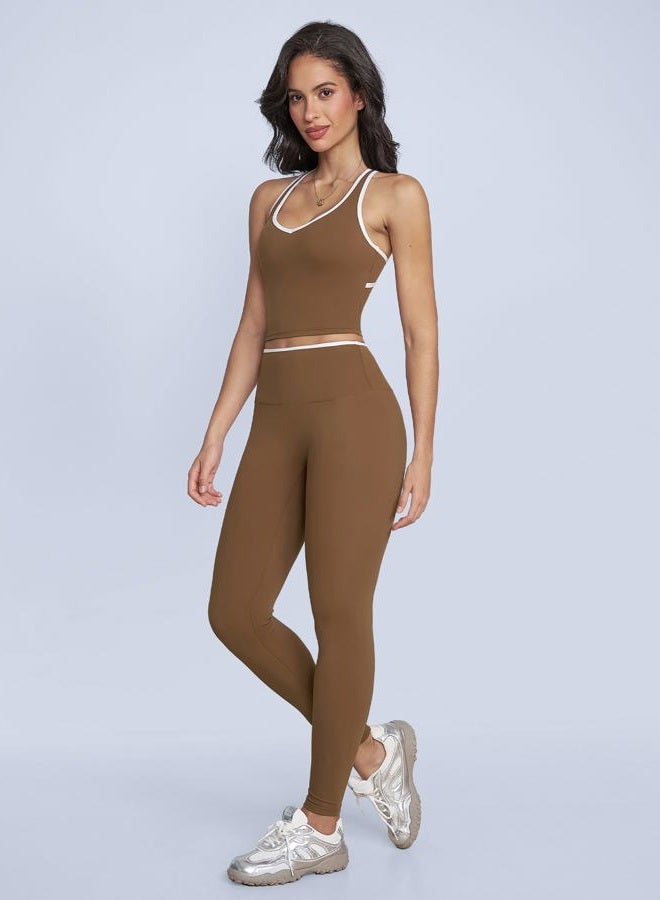 ABOCIW Womens Color Block Workout Sets Racerback Tank Top High Waist Leggings Gym Set Yoga Pilates Outfits, Brown, S - Image 5